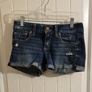 American Eagle Cotton Blend Dark Blue Distressed Jean Shorts Dize 0